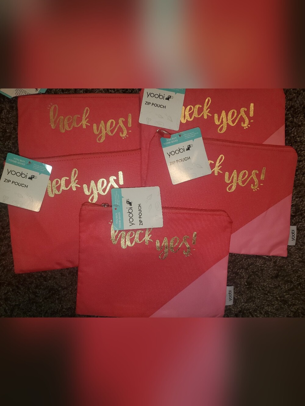 Yoobi Coral and Pink 'Heck Yes!' Pencil Zip Pouches - Set of 5